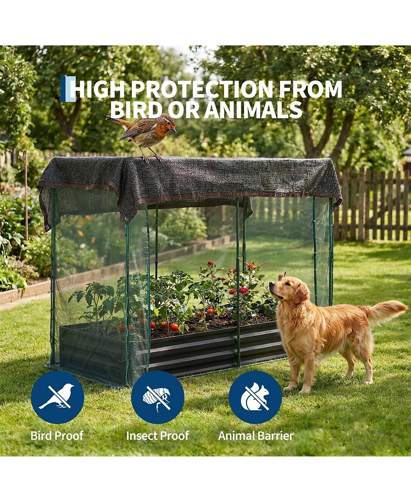 96 x 48 12 Raised Garden Bed with Insect Net and Shade Cover, Steel Planter Box for Vegetables Herbs Patio Balcony, Ivory/Silver/Black