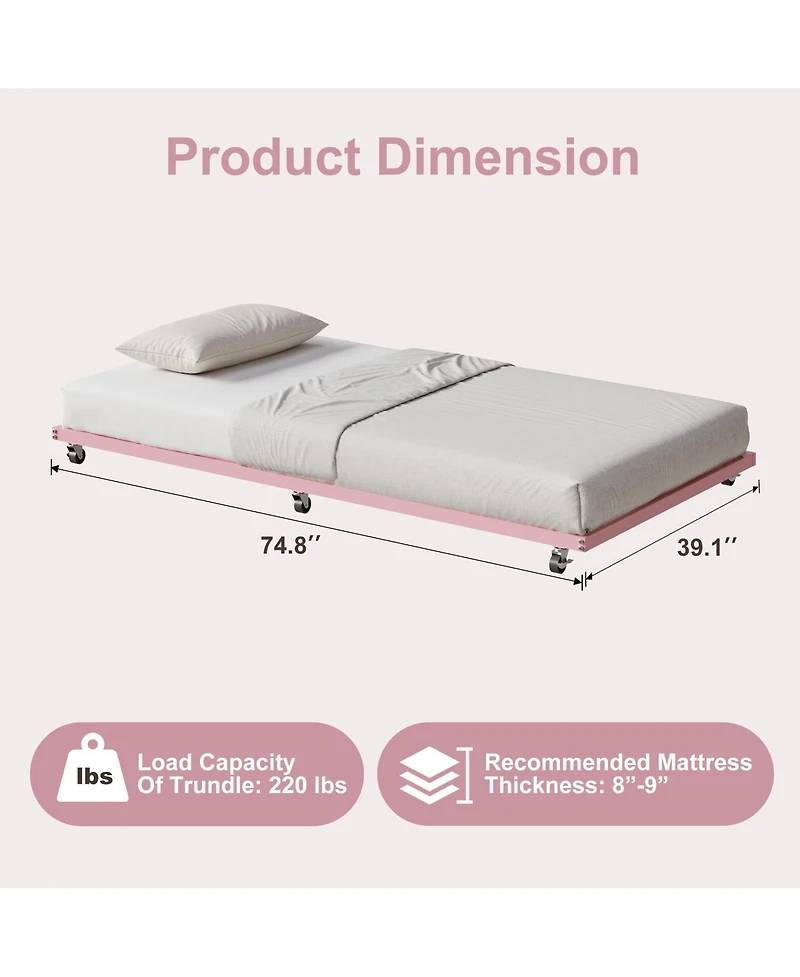 Twin Metal Sofa Bed with Pull Out Lower Bed, Led Light Daybed Frame for Kids Bedroom Living Room Guest Room, Pink/Black