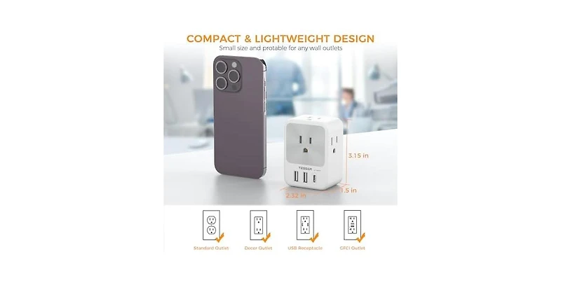 Tessan Wall Outlet Extender with 1 Usb C, 2 Usb A, 15W for Home, Office and Travel