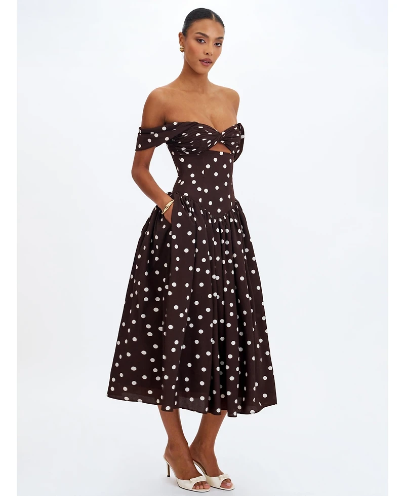 Miss Circle Women's Xandie Mocha Polka Dot Off-Shoulder Midi Dress