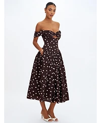 Miss Circle Women's Xandie Mocha Polka Dot Off-Shoulder Midi Dress