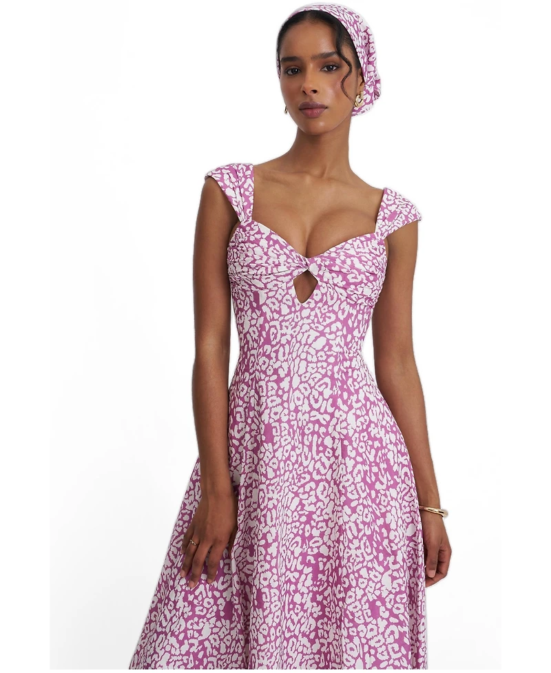 Miss Circle Women's Wynonna Mauve Cheetah Linen Keyhole Midi Dress