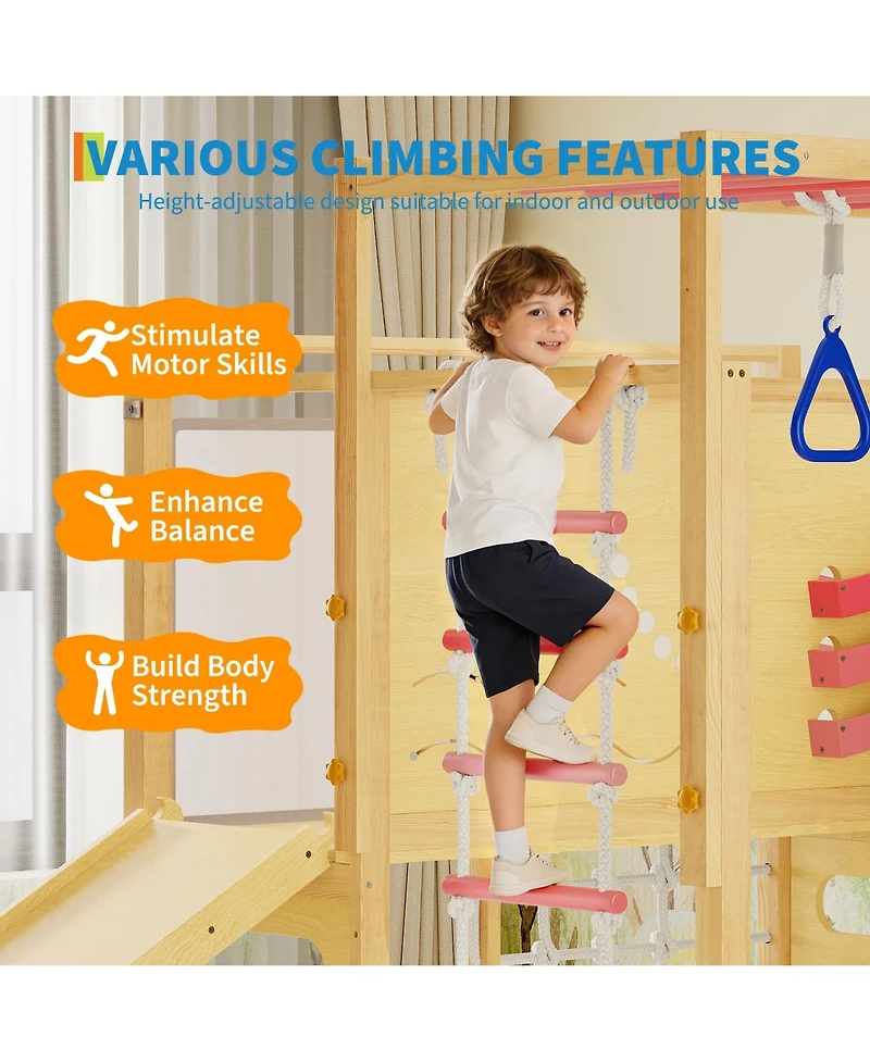 9-in-1 Outdoor Jungle Gym, Wooden playground for kids 2-8, Climbing Structure with Slide, Monkey Bars, Rope Ladder, Rock Wall, Climbing Net, Rings