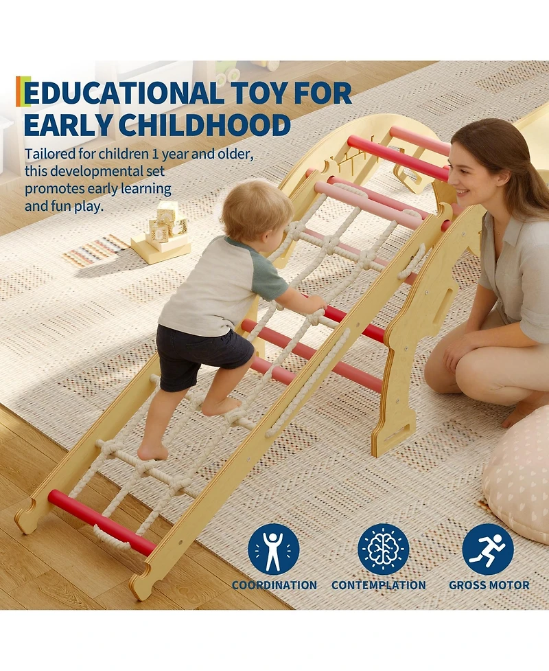 4 in 1 Toddler Climbing Toys Indoor with Ramp, Arch and Ladder, Triangle Set with Wood Construction, Climbing Set for Toddlers 1-3, Baby, Kids