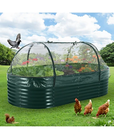 94x47x23 In Raised Garden Bed with Pvc Cover, Galvanized Steel Oval Planter Box for Vegetables Flowers Herbs Outdoor, Dark Green