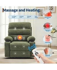 37"W Manual Swivel Rocker Recliner Chair with Massage and Heat, Linen Fabric Recliner with Iron Frame for Living Room Bedroom Office, Blue/Green