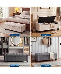 51 in. Upholstered Storage Bench with Lift-Up Seat, Linen Fabric Bed Bench with Hidden Storage, Rubberwood Legs for Bedroom Entryway, Gray