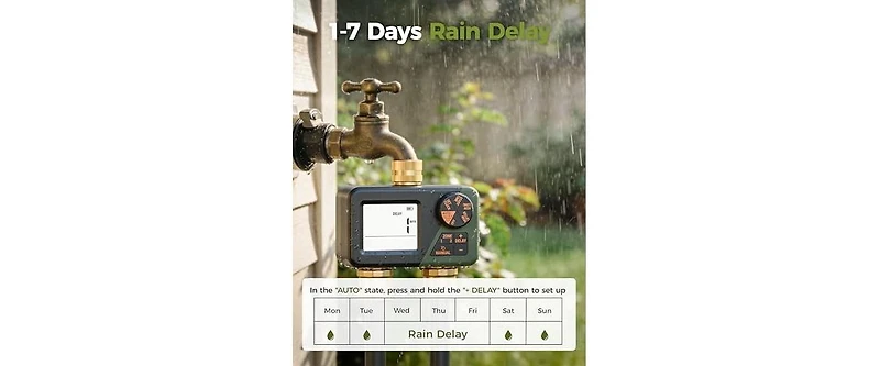 Tessan Brass 2-Zone Programmable Sprinkler Timer with Large Display, Rain Delay and Manual Watering