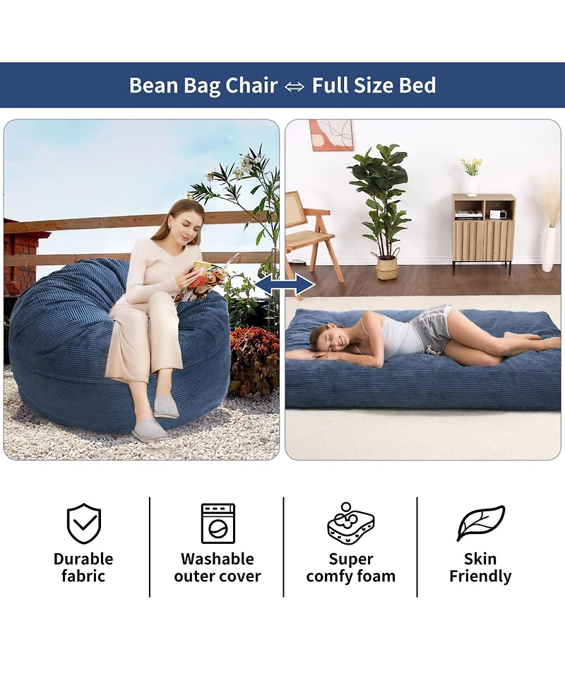 gaomon 2-in-1 Convertible Corduroy Bean Bag Chair Bed for Adults, Large Floor Sofa with Washable Cover Multi-Use Seating and Sleeping Lounger