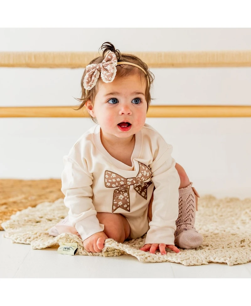 Sweet Wink Baby Girls Floral Bow Patch Long Sleeve Romper