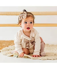Sweet Wink Baby Girls Floral Bow Patch Long Sleeve Romper