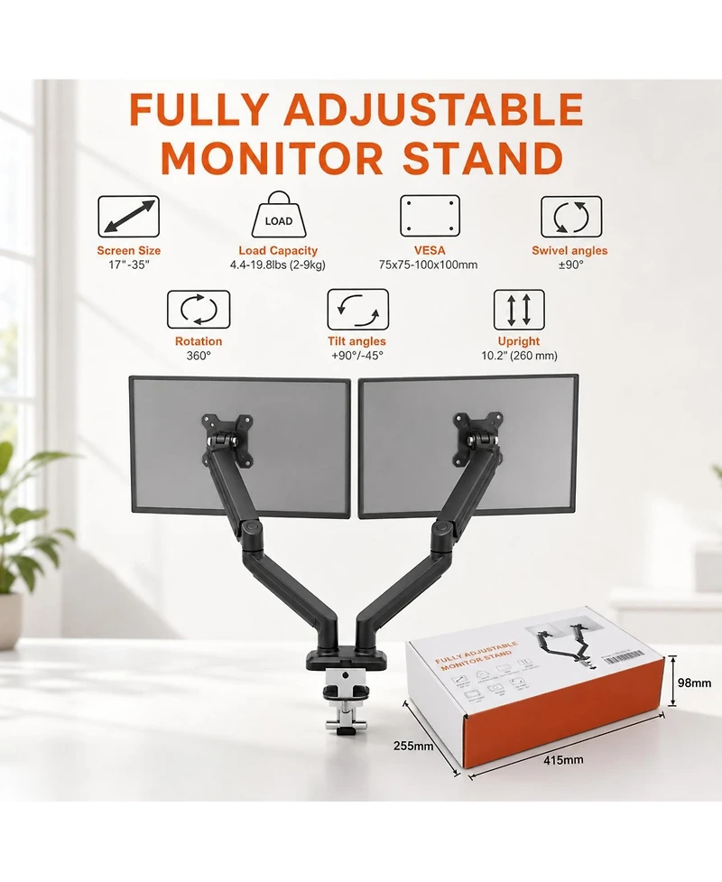 Lofree Gas Spring Monitor Mount Full-Motion Dual Arm Desk Mount Supports 13 to 32 Inch Monitors