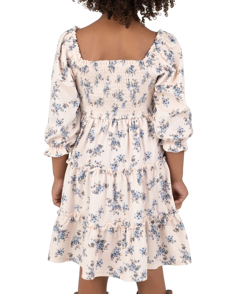 Rare Editions Girls' 4T-6X Floral Print Hand-Smocked Corduroy Dress