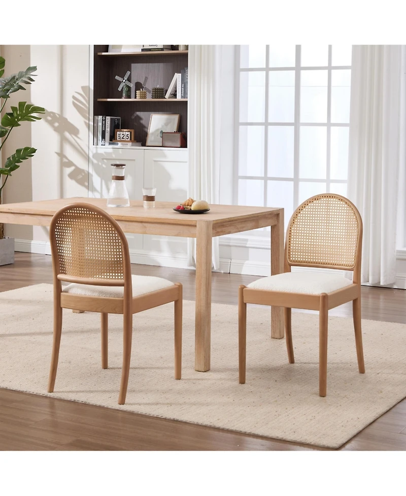 Flynama Set of 2 Rattan Back Linen Dining Chairs, Solid Wood Leg Teddy Cushion 275lbs Capacity