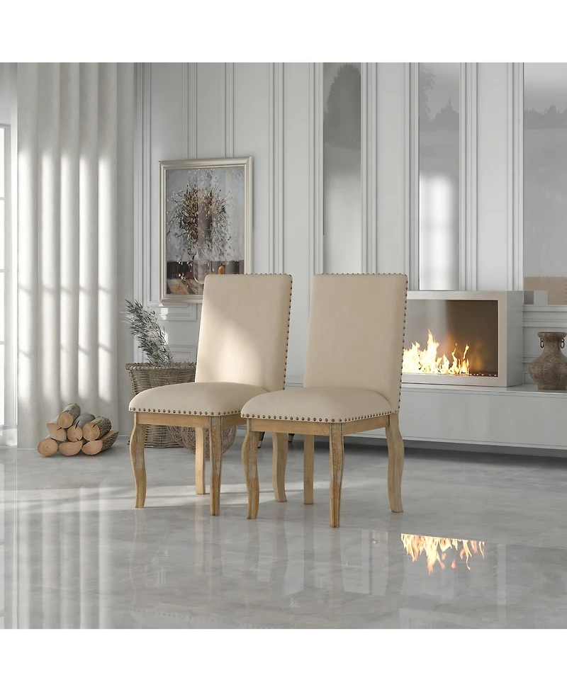 Flynama Set of 2 Upholstered Dining Chairs with Rubber Wood Frame, Fabric Seat, Nailhead Detail
