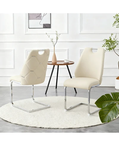 Flynama Set of 2 Pu Mesh Texture High Back Dining Chairs, Back Ring Chrome Pull Handle Solid Iron Frame