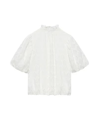 Mint Velvet Women's Short Puff Sleeve Jacquard Ruffle-Trim Blouse