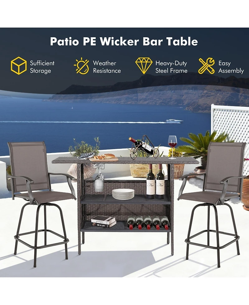 Mecale 55-Inch Outdoor Wicker Bar Table with 2 Storage Shelves