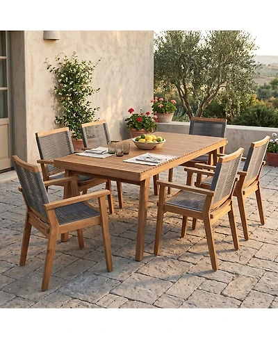 Asagikoiai 7 Piece Acacia Wood Outdoor Dining Set with 69" Dining Table and Rope Arm Chairs