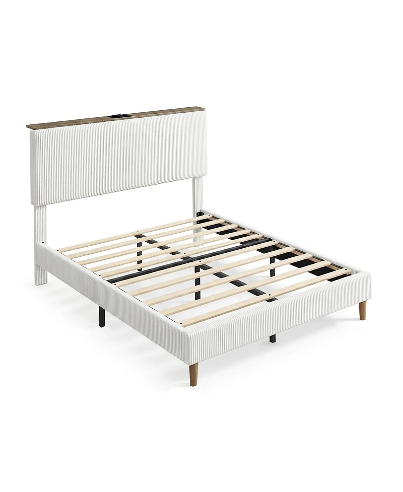 gaomon Twin Bed Frame – Upholstered Platform with Corduroy Storage Headboard, Charging Station and Led Lights, No Box Spring