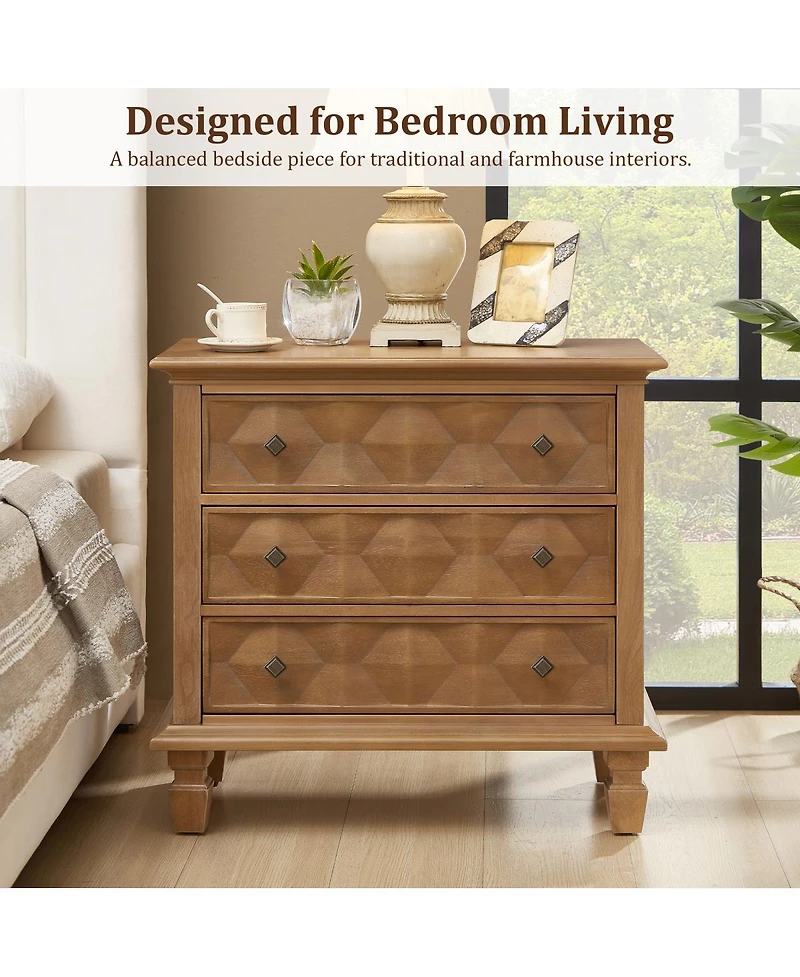 Streamdale Furniture Farmhouse Nightstand with Charging Station and 3 Drawers