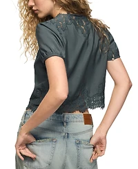 Lucky Brand Women's Lace Trim Tie Front Flyaway Top