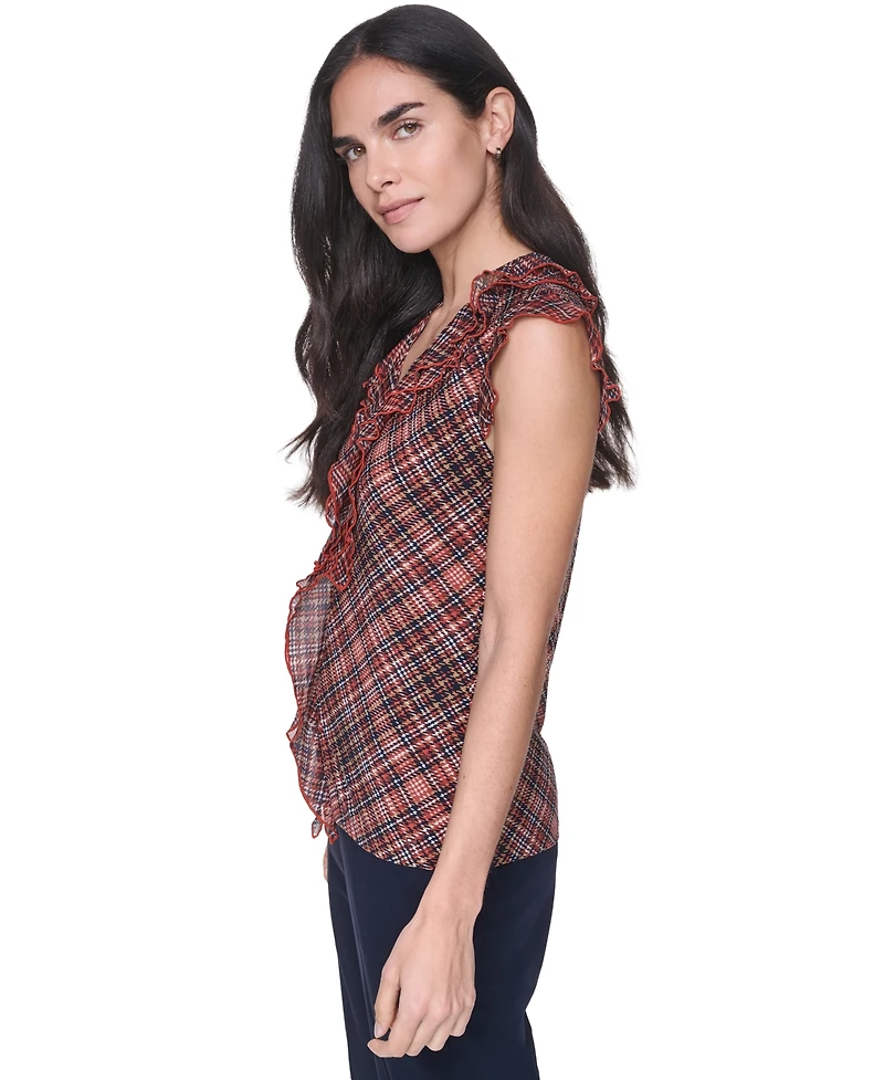 Tommy Hilfiger Women's V-Neck Plaid Ruffle Sleeveless Blouse