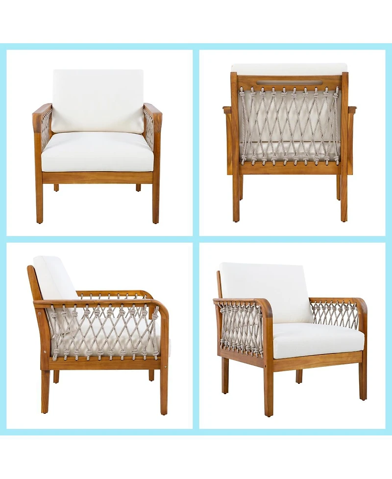 Asagikoiai 4 Piece Acacia Wood Patio Conversation Set with Rope Armrests and Cushions