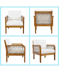 Asagikoiai 4 Piece Acacia Wood Patio Conversation Set with Rope Armrests and Cushions