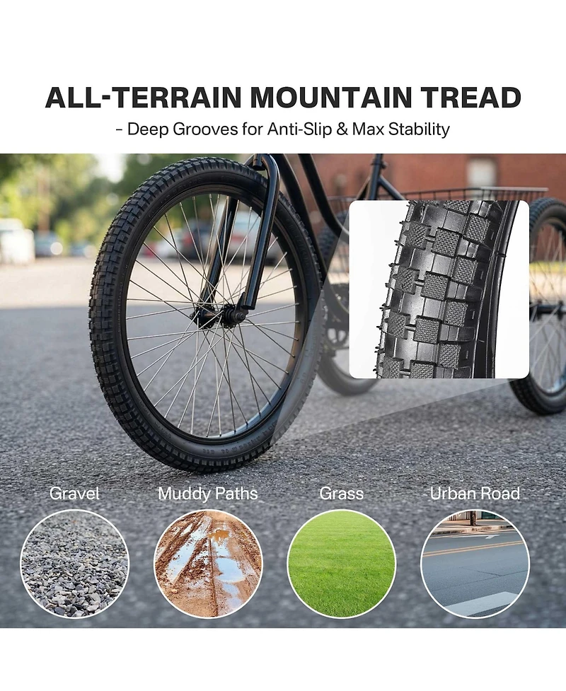 Yescom 20" x 2.4" Heavy-Duty Mountain Tread Tires and Tubes, 3-Piece Set, Ages 14+