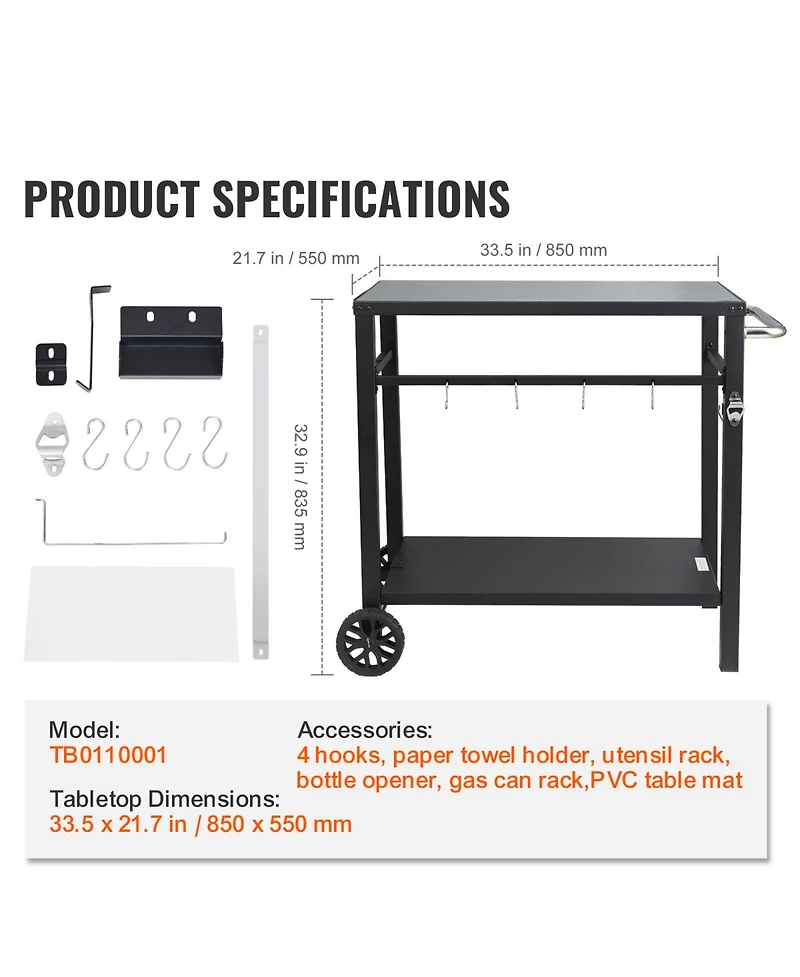 Vevor Outdoor Grill Dining Cart Double-Shelf Bbq Movable Food Prep Trolley Patio
