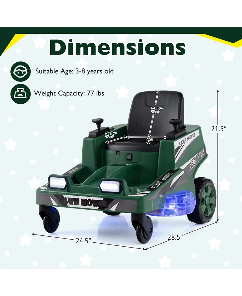 Hongge 12V Ride-On Mower with Spinning Blades and Led Lights, 77 lbs., Ages 3–8