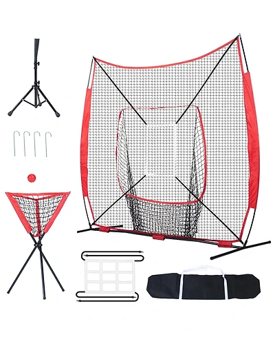 Hongge 7 x 7 ft Baseball and Softball Practice Net with Strike Zone Batting Tee and Ball Collector