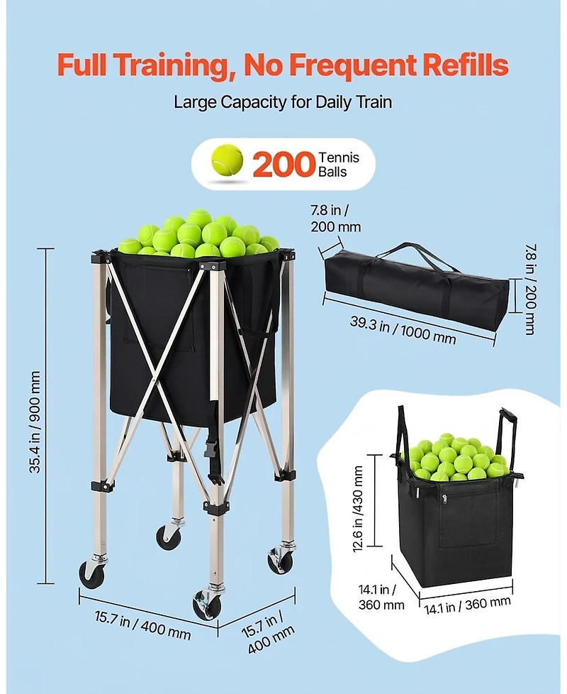 Hongge Stainless Steel Tennis Ball Hopper Cart Holding 200 Balls with Locking Swivel Wheels and Storage Bag