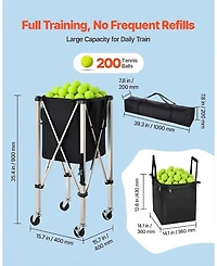Hongge Stainless Steel Tennis Ball Hopper Cart Holding 200 Balls with Locking Swivel Wheels and Storage Bag