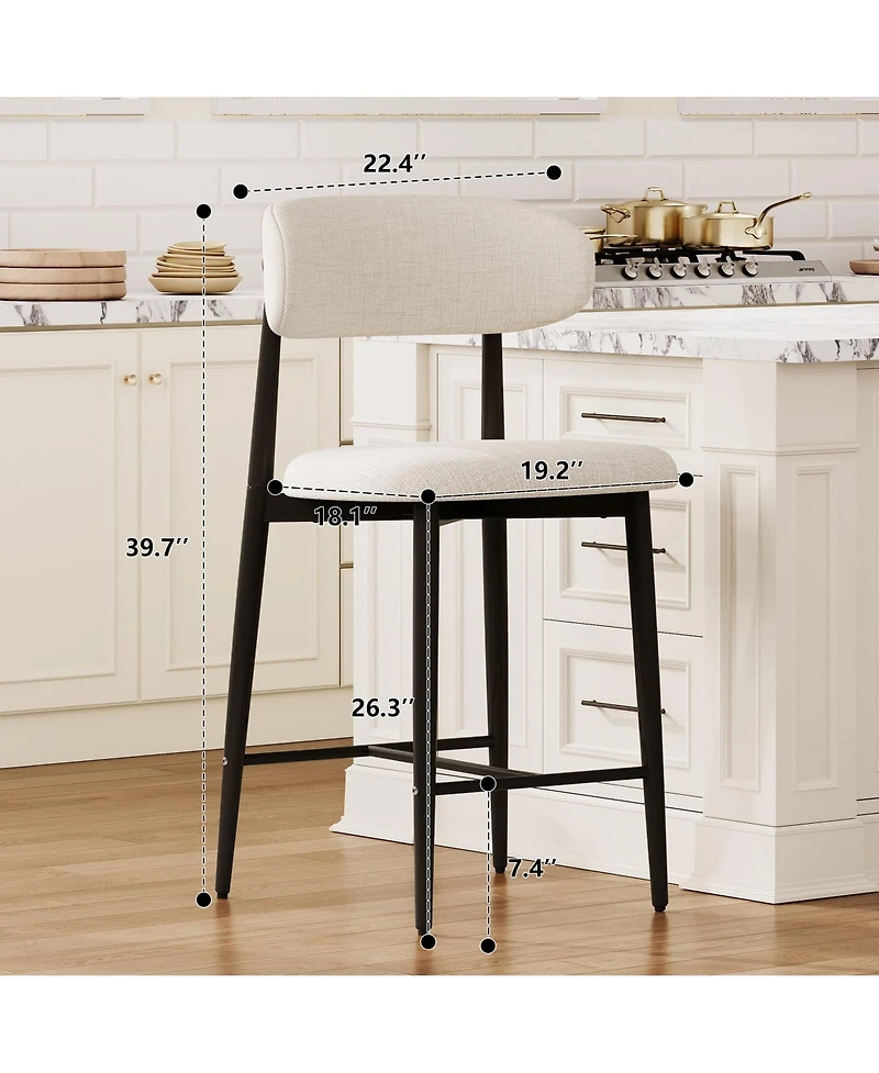 Maison Boucle Set of 2 Modern Mid-Century Counter Height Bar Stools, Linen Upholstered Barstools with Back