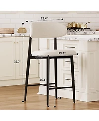 Maison Boucle Set of 2 Modern Mid-Century Counter Height Bar Stools, Linen Upholstered Barstools with Back