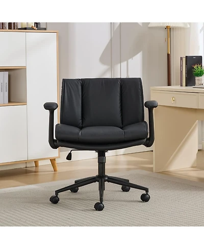 Maison Boucle Cross-Legged Office Chair on Wheels with Flip-Up Armrests, Faux Leather Upholstered Wide Seat Swivel Desk