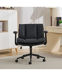 Maison Boucle Cross-Legged Office Chair on Wheels with Flip-Up Armrests, Faux Leather Upholstered Wide Seat Swivel Desk