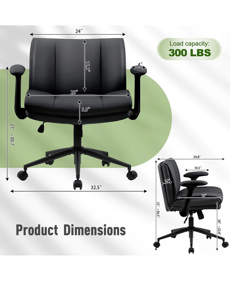 Maison Boucle Cross-Legged Office Chair on Wheels with Flip-Up Armrests, Faux Leather Upholstered Wide Seat Swivel Desk