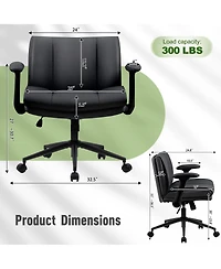 Maison Boucle Cross-Legged Office Chair on Wheels with Flip-Up Armrests, Faux Leather Upholstered Wide Seat Swivel Desk