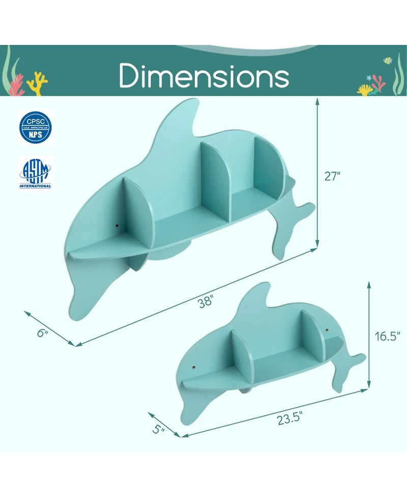 Sugift 2 Pieces Floating Dolphin Shelves Wall Mounted Kids Room Storage Display Rack with Dividers