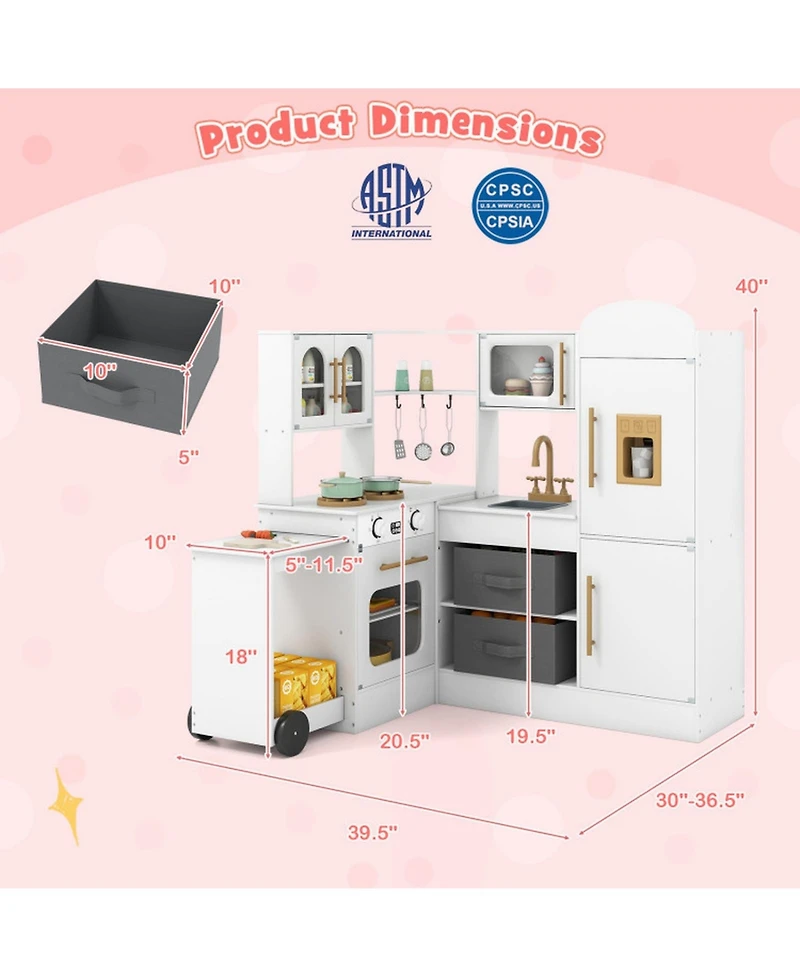 Sugift Corner Kitchen Playset with Retractable Countertop and Working Ice Maker, Ages 3+