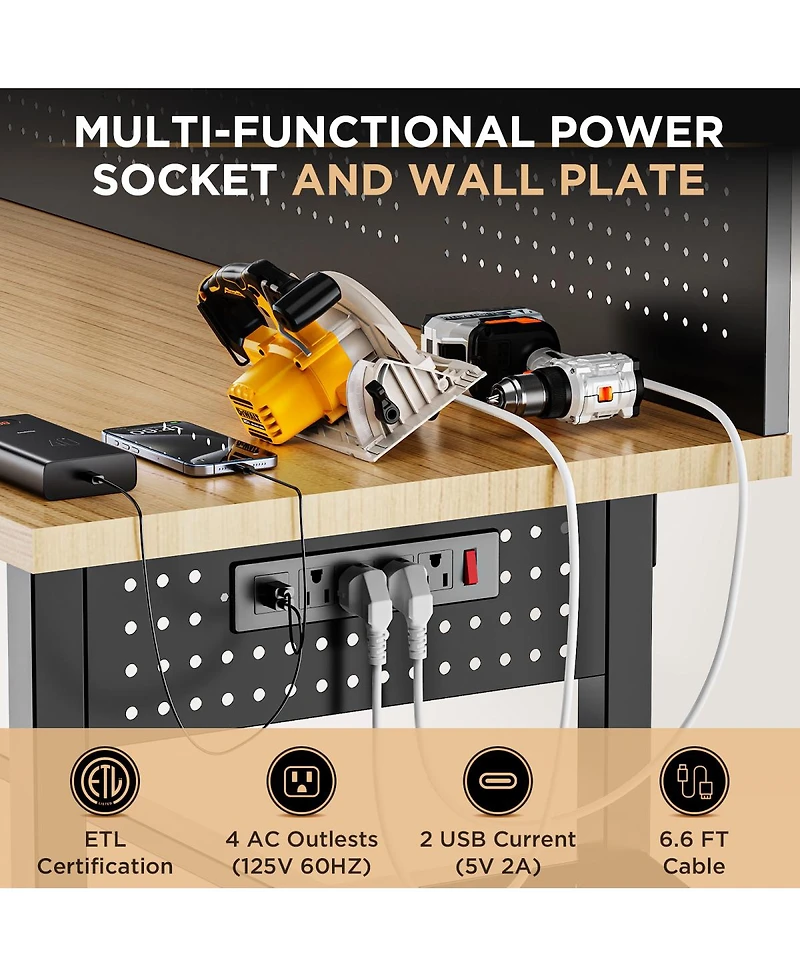 Streamdale Furniture 60" Heavy-Duty Workbench with Cabinet, Wood Top, Pegboard and Power Outlet