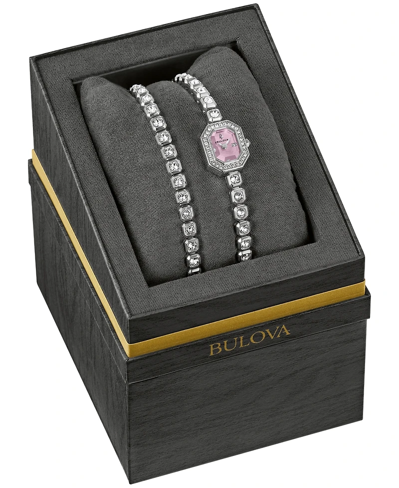 Bulova Women's Box Set Crystal Silver-Tone Stainless Steel Bracelet Watch 15mm