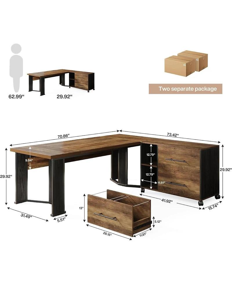 Tribesigns 70.86" L-Shaped Desk with File Cabinet