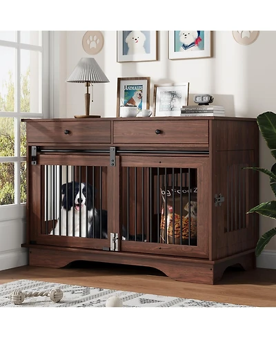 47" Large Dog Crate Fuderniture, Wooden Dog Kennel with 2 Storage Drawers, Removable Divider and Sliding Door, Heavy Duty Pet Cage for Breeds