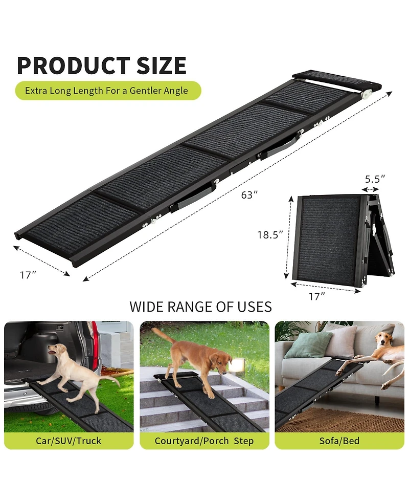 63 in Dog Ramp for Car Suv Truck, Foldable Non-Slip Aluminum Frame Pet Ramp for Large Dogs