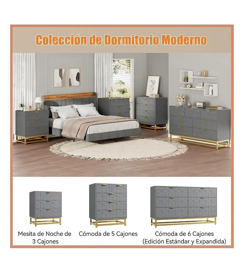 Dresser for Bedroom, 6 Drawer Dresser with Metal Legs, Wood Dressers Chest Organizer with Wide Storage, Modern Chest of Drawers for Bedroom, Hallway