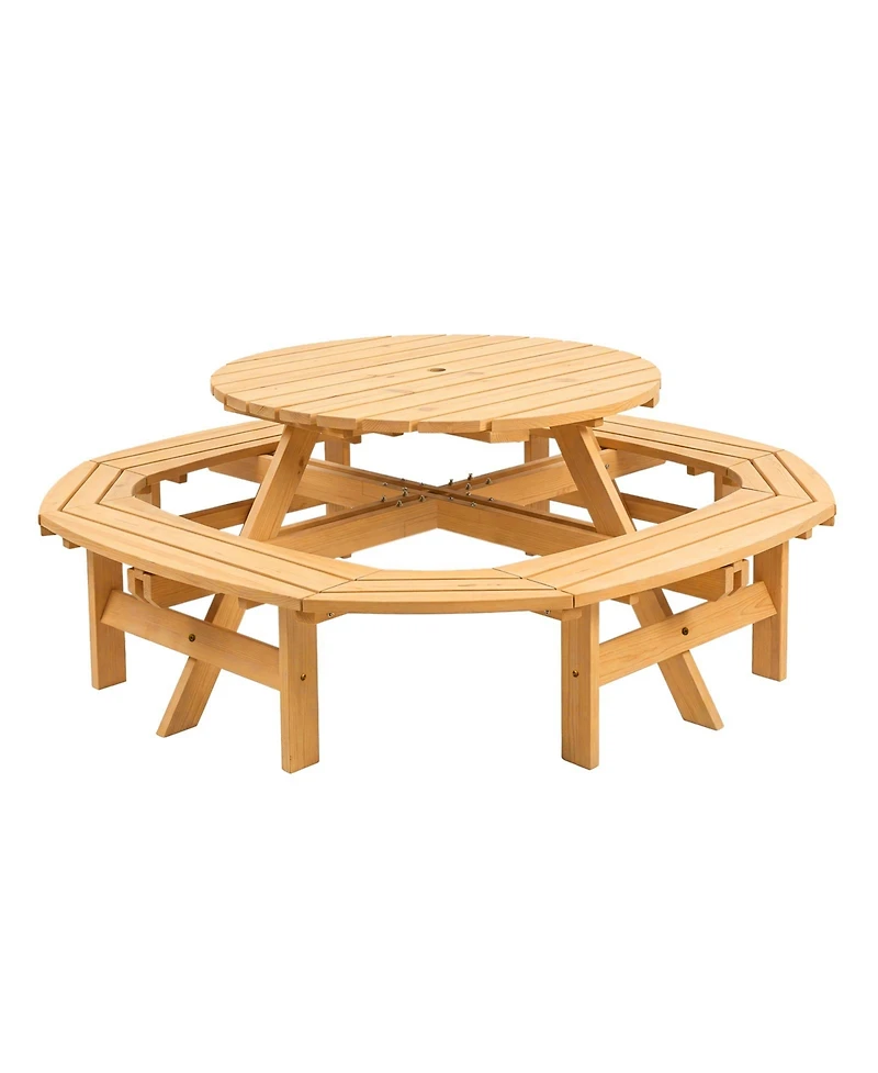 8 Person Wooden Picnic Table, Outdoor Model with 4 Built-in Benches, Circular Dining Set with Umbrella Hole for Garden Patio Backyard